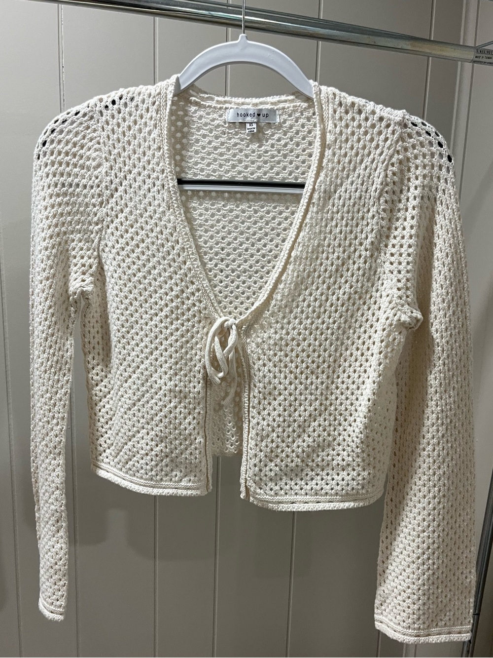 Hooked Up Cream Open-Knit Tie-Front Cardigan
